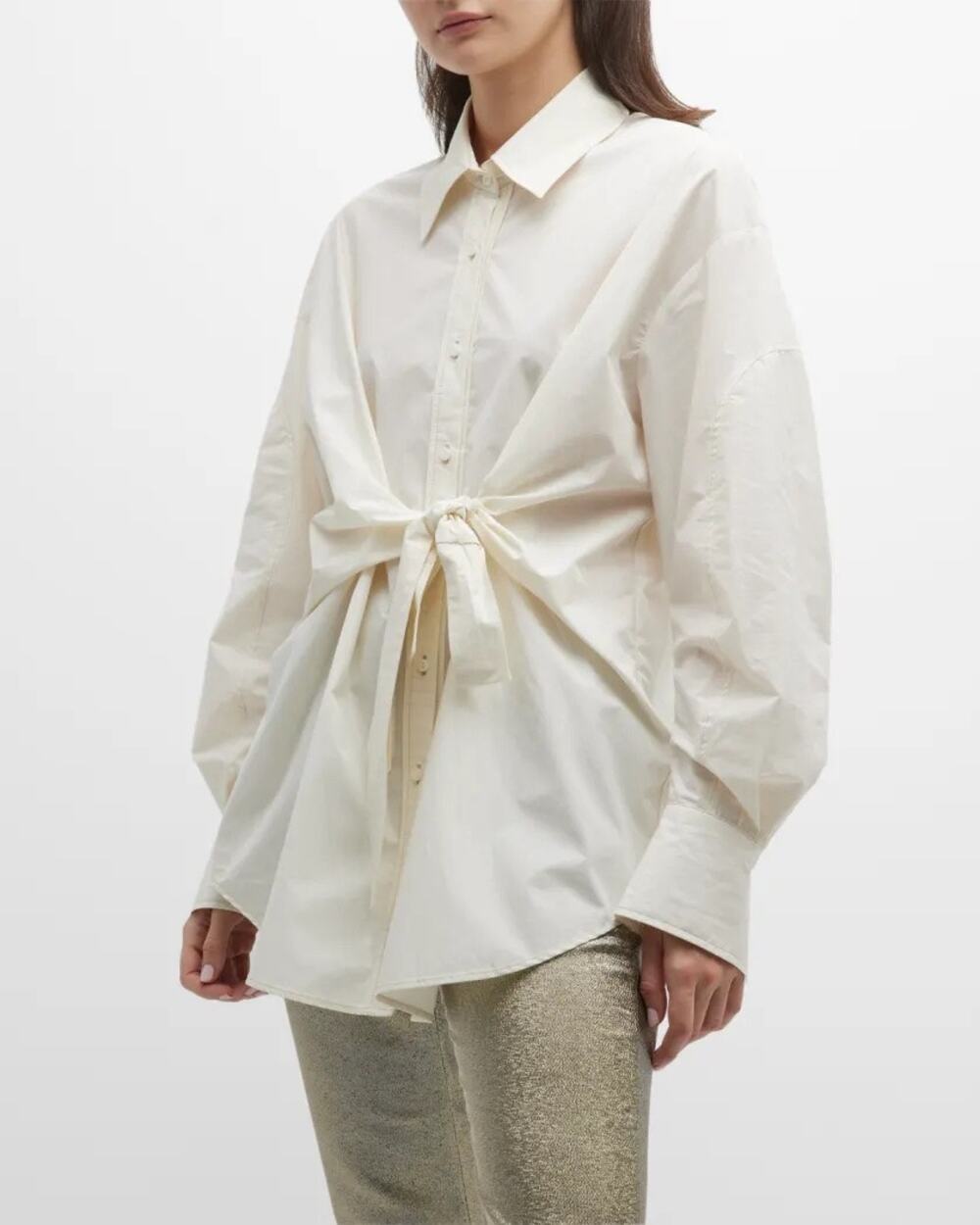 Mes Demoiselles Tie-Front Button-Down Shirt Ivory